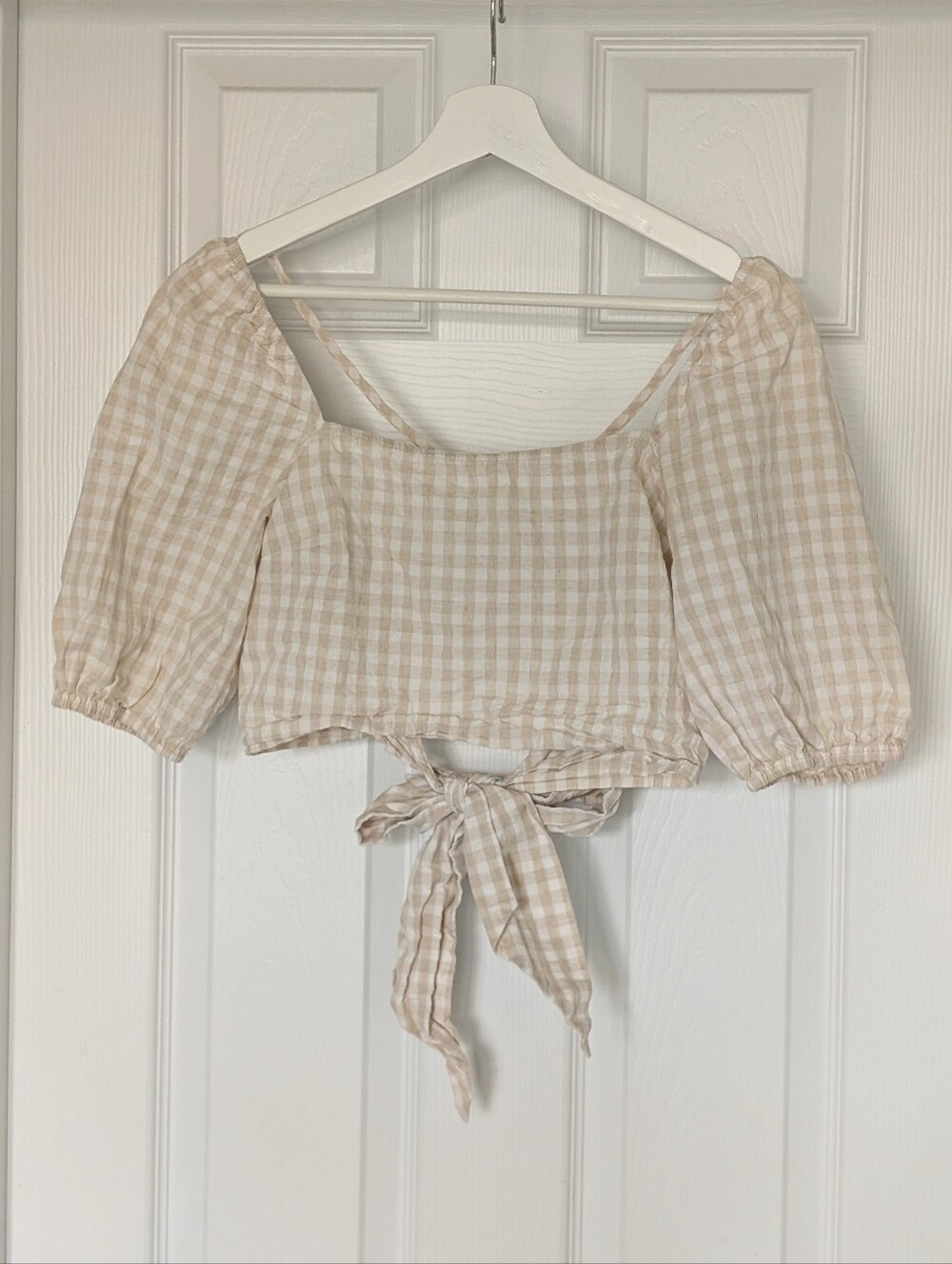 H&M Linen Cotton Beige Gingham Tie-Back Crop Top - Size Small